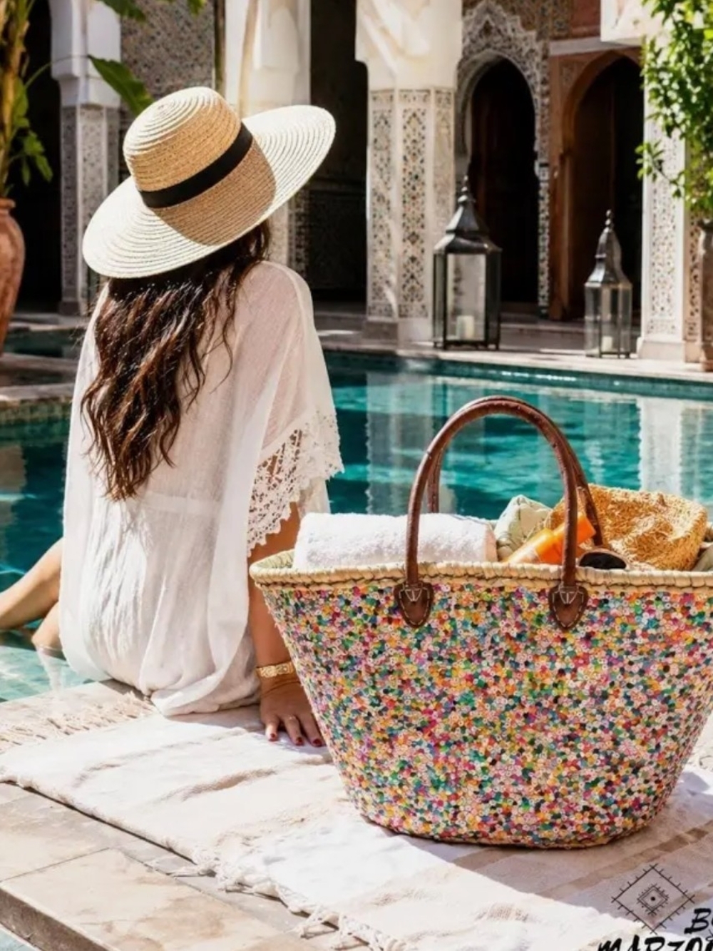 Multicolor Seagrass Tote Bag with Brown Leather Handles